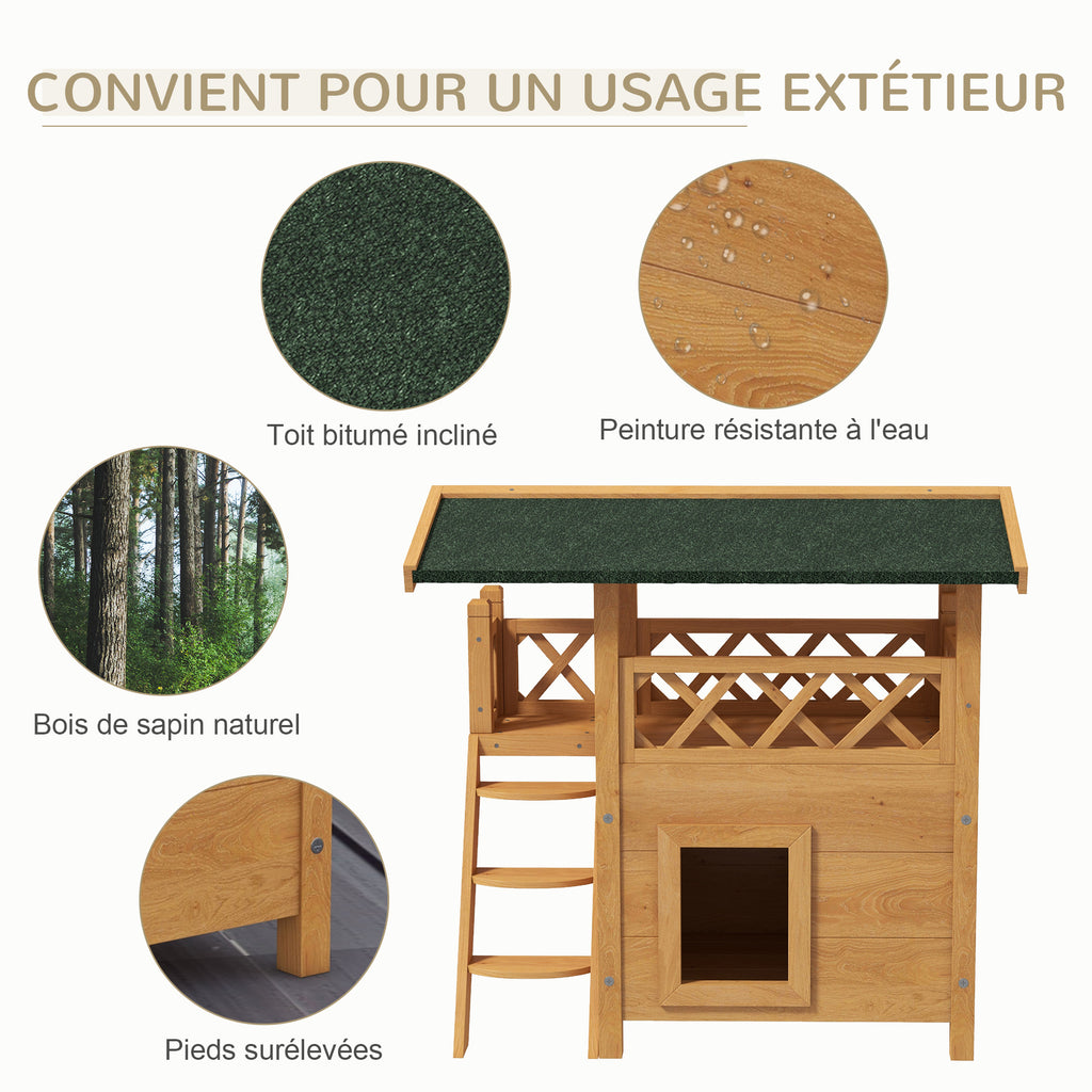 Cabane Chat Extérieur avec Terrasse, Escalier, Toit, Niche Villa, 77 x 50 x 73 cm Bois Naturel et Vert