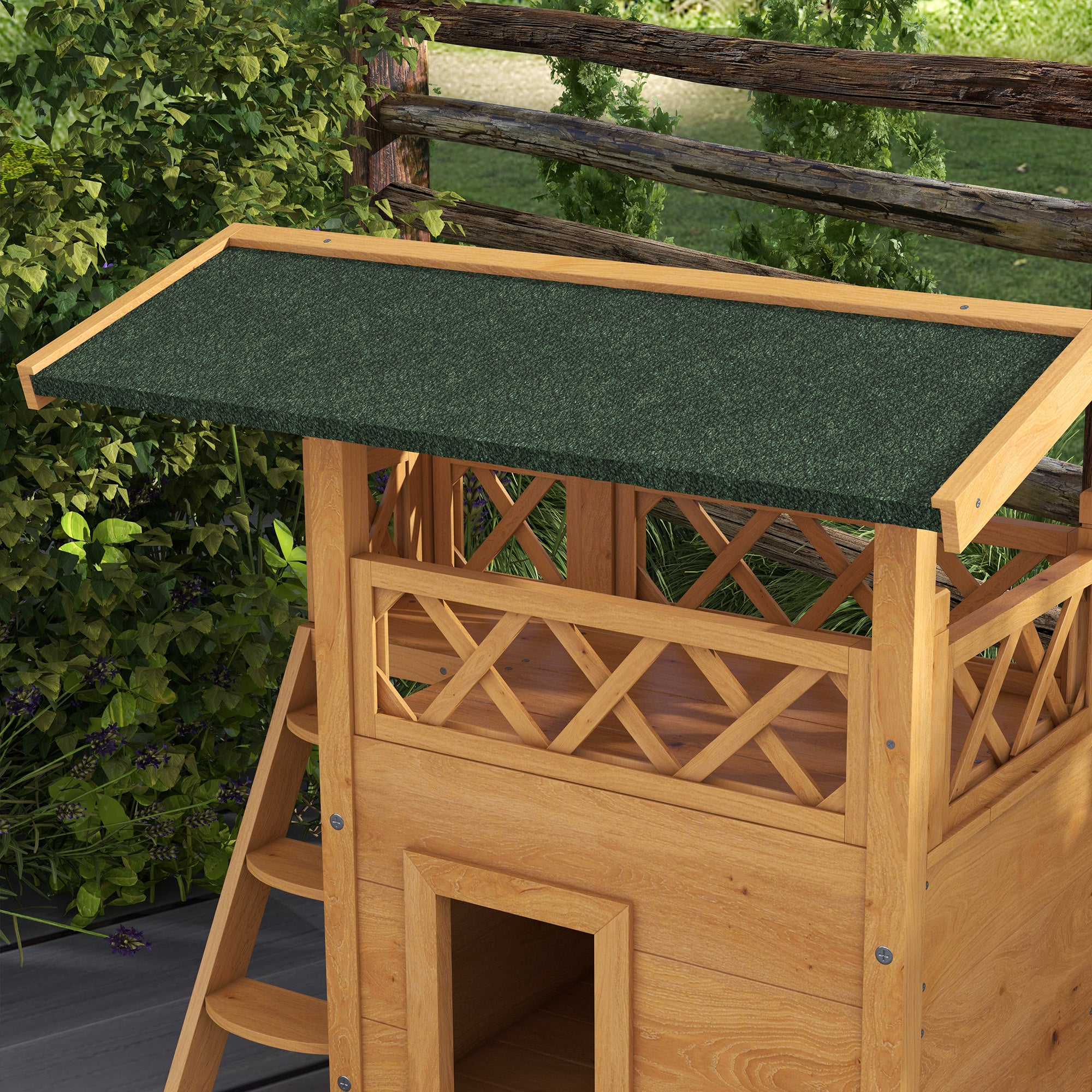 Cabane Chat Extérieur avec Terrasse, Escalier, Toit, Niche Villa, 77 x 50 x 73 cm Bois Naturel et Vert